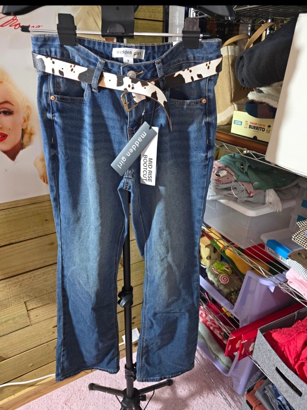 Madden Girl Dark Blue Bootcut Jeans with Cowprint Belt